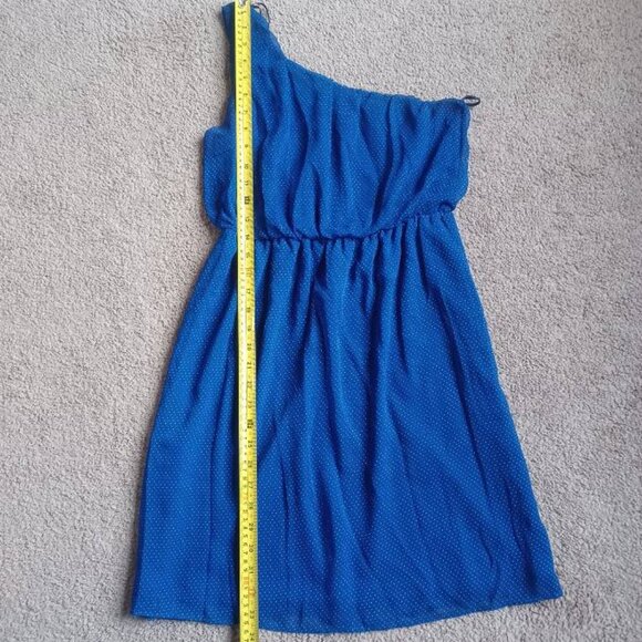 One Shoulder Dress Polka Dot Dress‎  Chiffon Blue White Dot Sz S Fairycore - Picture 3 of 10